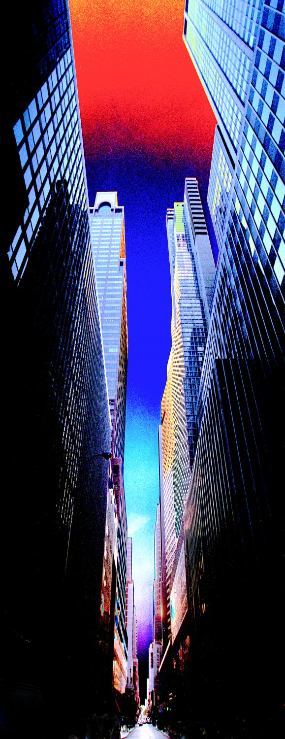 A view up looking up Lexington avenue in New York City Tall buildings form a canyon. Red sky canyons of New York - Manhattan canyons - Techno-Impressionist Museum - Techno-Impressionism - art - beautiful - photo photography picture - by Tony Karp
