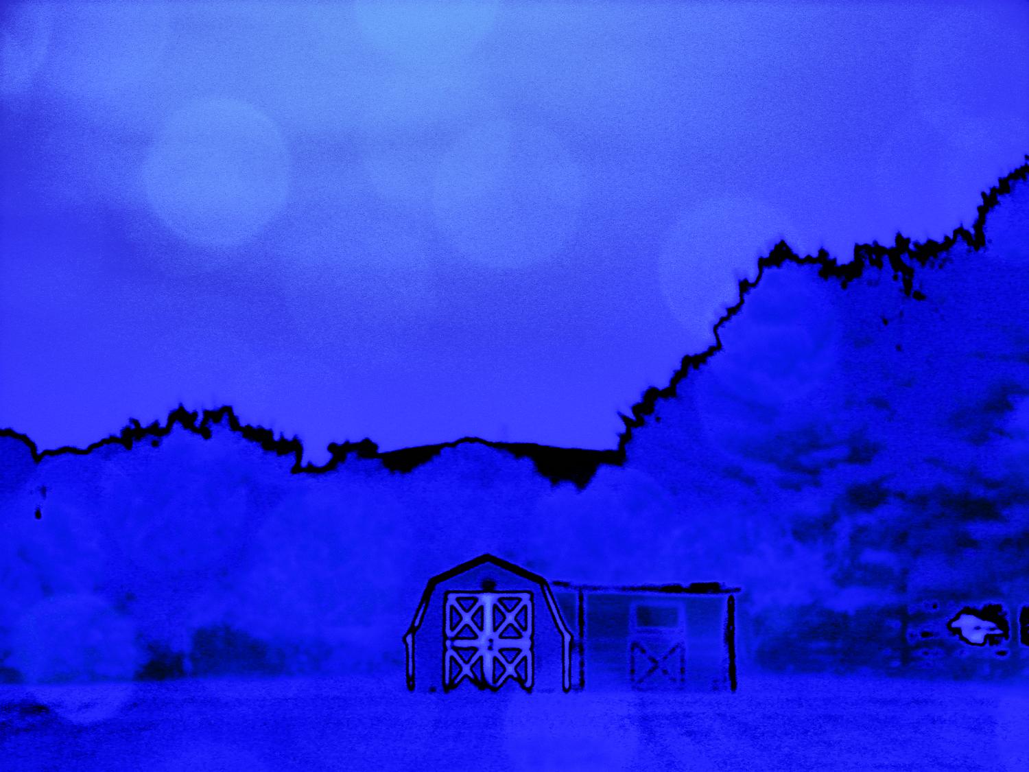 view of the sun setting behind the artist's studio. Color are shades of blue - Blue Field View # 2 - Techno-Impressionist Museum - Techno-Impressionism - art - beautiful - photo photography picture - by Tony Karp