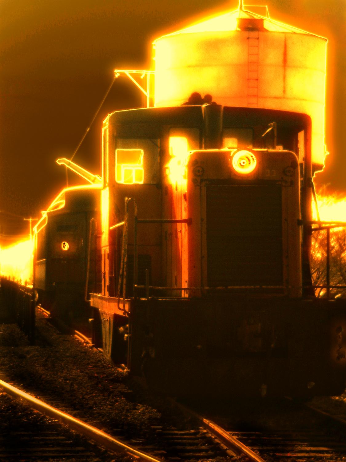 train in the train yard with water tower lit up in the back round train in Amish country train at Strasborg train yard in Lancaster PA - <center>Ghost train - Techno-Impressionist Museum - Techno-Impressionism - art - beautiful - photo photography picture - by Tony Karp
