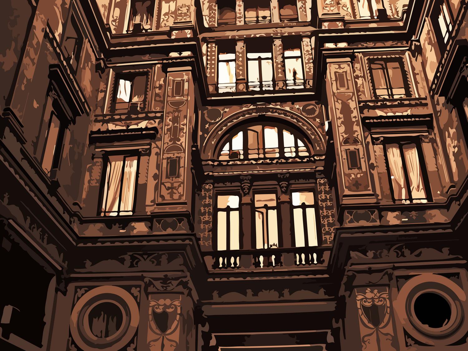 Courtyard in Rome. Building's detail are highlighted in rich tones of brown and copper. - Roman elegance - Techno-Impressionist Museum - Techno-Impressionism - art - beautiful - photo photography picture - by Tony Karp