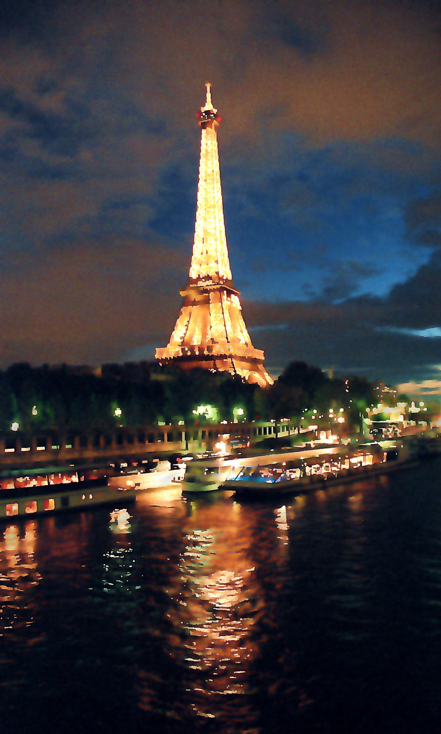 Eiffel tower  at night view of the Seine Paris as night falls reflection of the Eiffel Tower in  river Seine - <center>Night on the Seine - Techno-Impressionist Museum - Techno-Impressionism - art - beautiful - photo photography picture - by Tony Karp