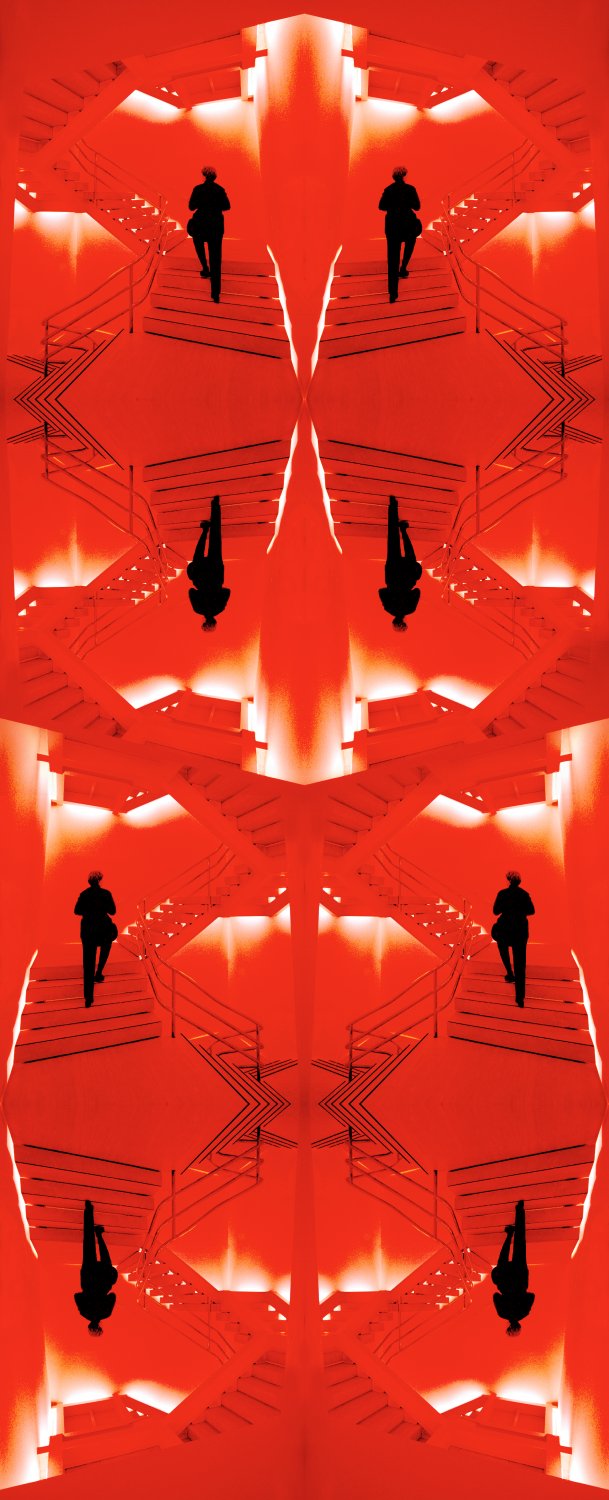 artist's muse walking up the stairs at the Metropolitan Museum of Art. Image in repeated in the style of Escher vibrant red and black with white highlights - Hobbitt meets Escher - Techno-Impressionist Museum - Techno-Impressionism - art - beautiful - photo photography picture - by Tony Karp