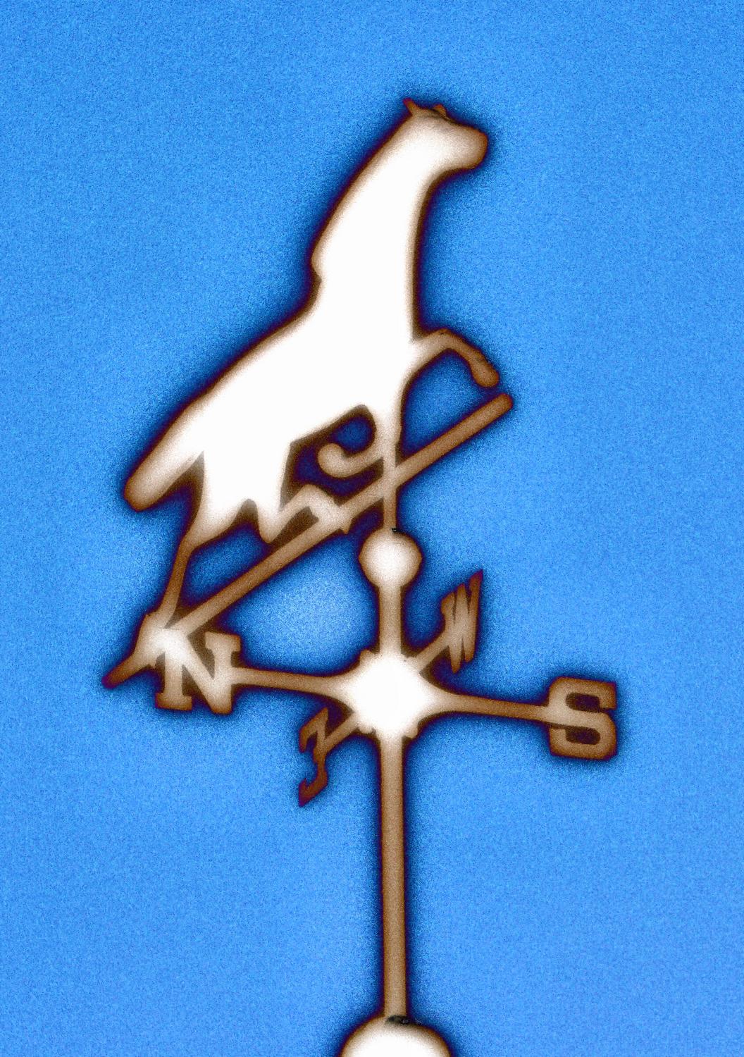 weather vane over the artist's studio. Image colors and blue white and black weather vane is outlined against a deep blue sky - <center>Horse over my head #4 - Techno-Impressionist Museum - Techno-Impressionism - art - beautiful - photo photography picture - by Tony Karp
