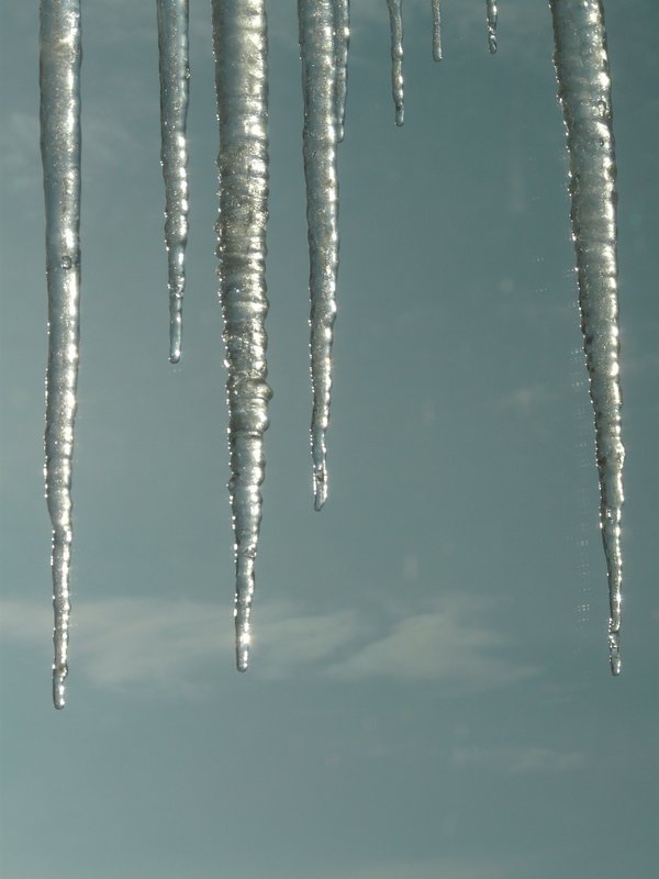 icicles hanging from my window with drops of water glistening and blue sky in the background - For my great grandchildren chapter 1 - Techno-Impressionist Museum - Techno-Impressionism - art - beautiful - photo photography picture - by Tony Karp