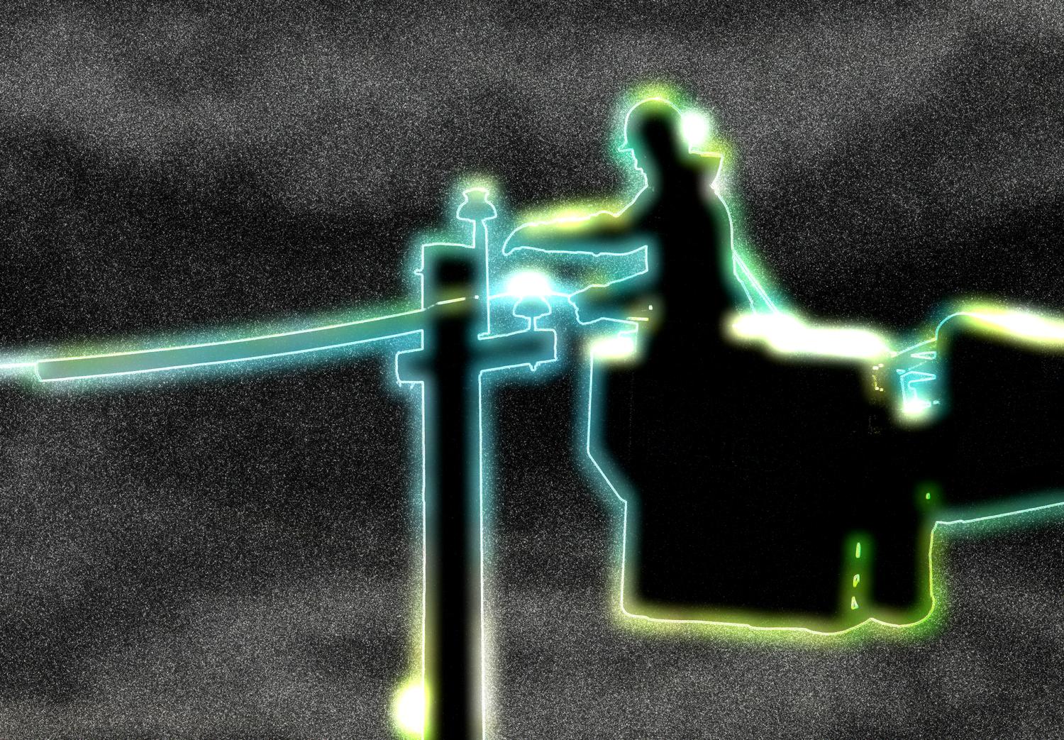 Electrical worker on a cherry picker crane moving wires to new ulility pole on Little River Road just outside our house Glow around man pole and crane - <center>Lineman #1 - Techno-Impressionist Museum - Techno-Impressionism - art - beautiful - photo photography picture - by Tony Karp